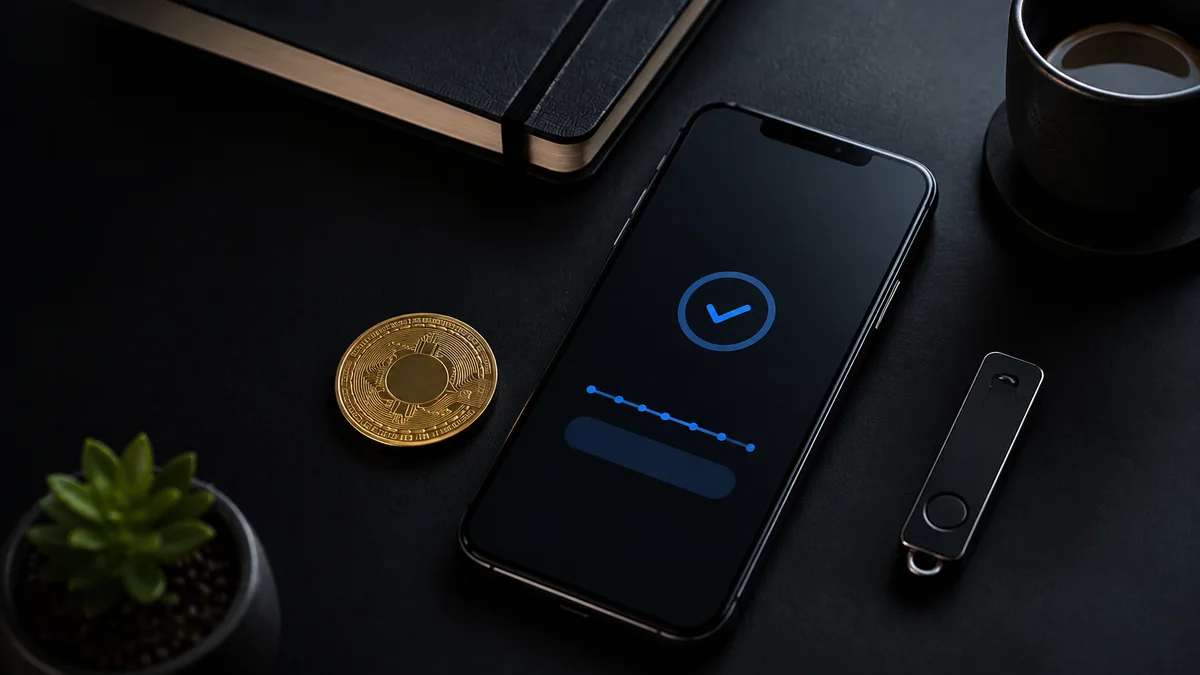 Teléfono, ficha metálica y llave de seguridad para representar una compra de criptomonedas