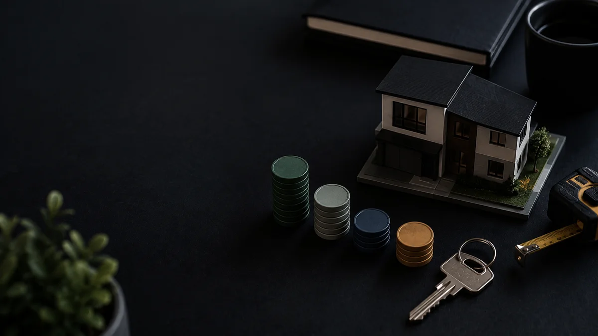 Casa a escala, llave y fichas ordenadas para representar el costo de comprar vivienda
