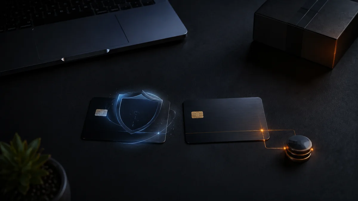Dos tarjetas sin marca junto a una laptop y un paquete de compra en línea