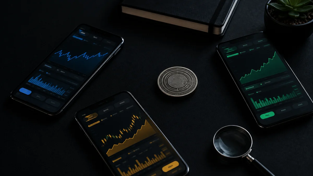 Tres interfaces móviles comparadas alrededor de una ficha de criptomonedas