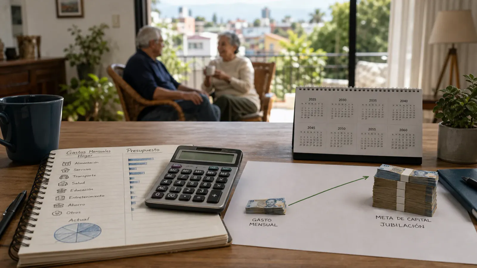 Planificador de retiro con gasto, horizonte, inflación y margen de seguridad