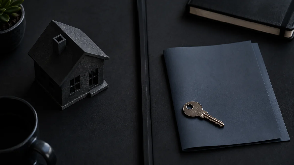 Modelo de una casa frente a una llave y un contrato sobre un escritorio oscuro